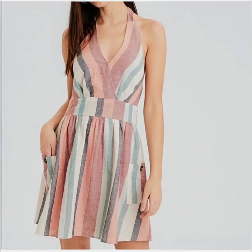 NWT American Eagle Outfitters Size Medium Striped Linen Blend Halter Neck Dress